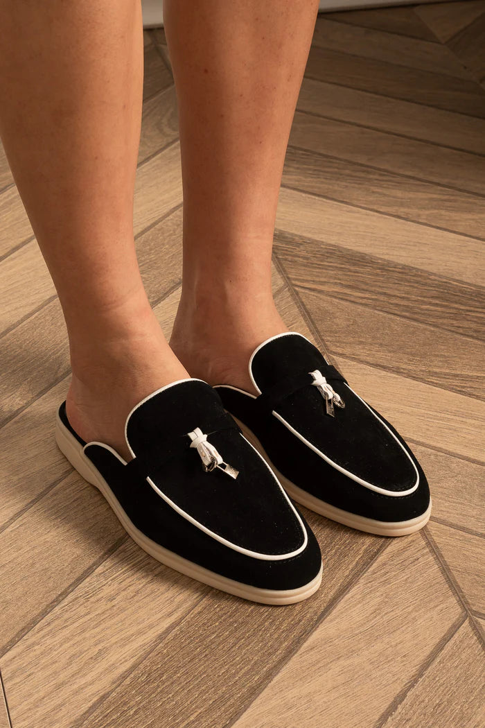 Suede Loafers With Contrasting Sole And Metal Charms - Black/White