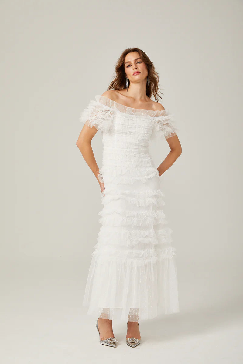 Philippine ruffled tulle tiered midi dress