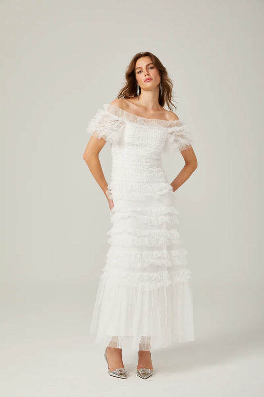 Philippine ruffled tulle tiered midi dress