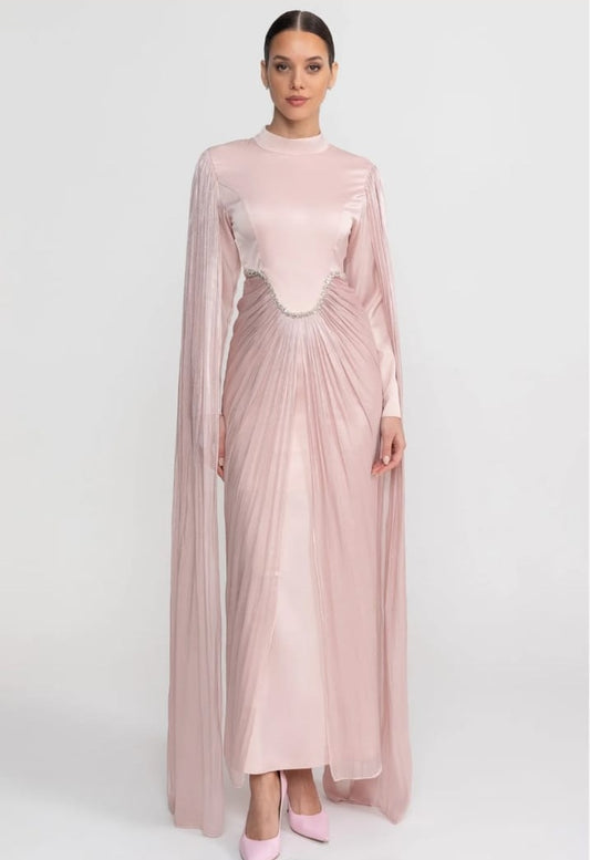 Long Sleeve Maxi Dress with Draped Overlay and Crystal Belt - Blush Pink