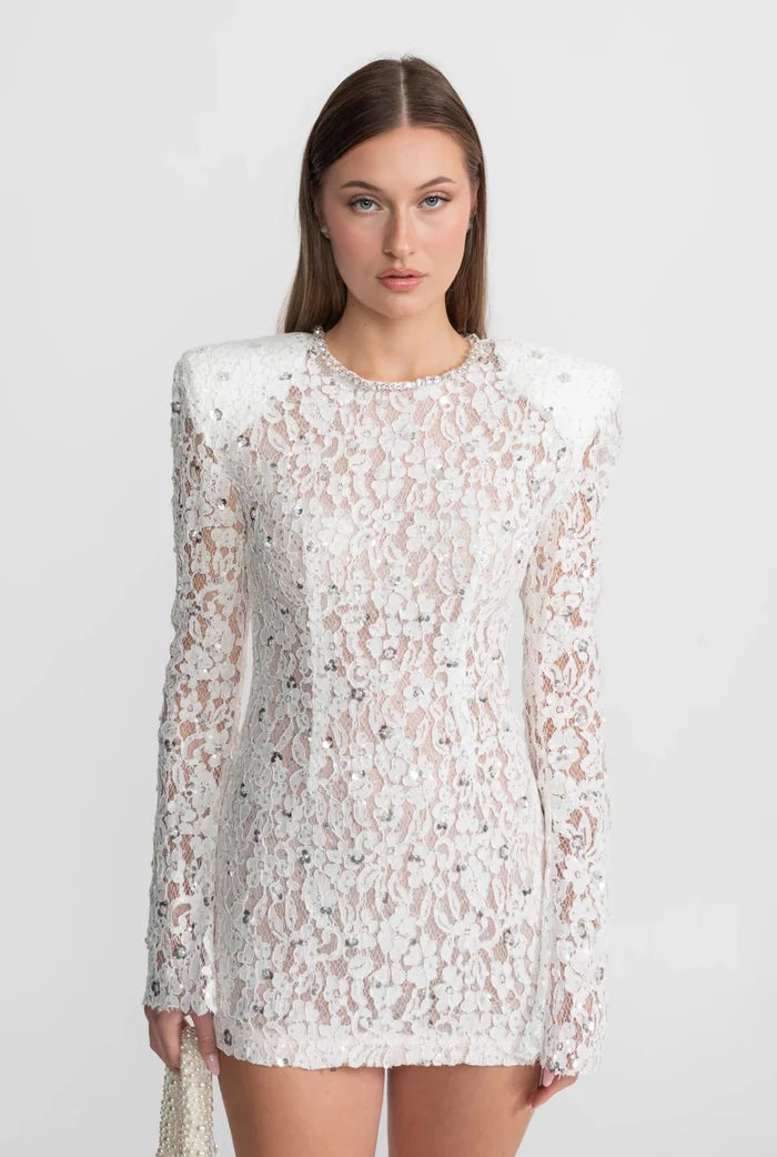 Sequin Lace Mini Dress With Structured Shoulders – White