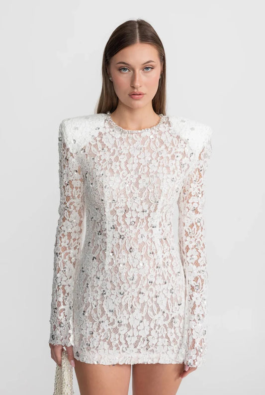 Sequin Lace Mini Dress With Structured Shoulders – White