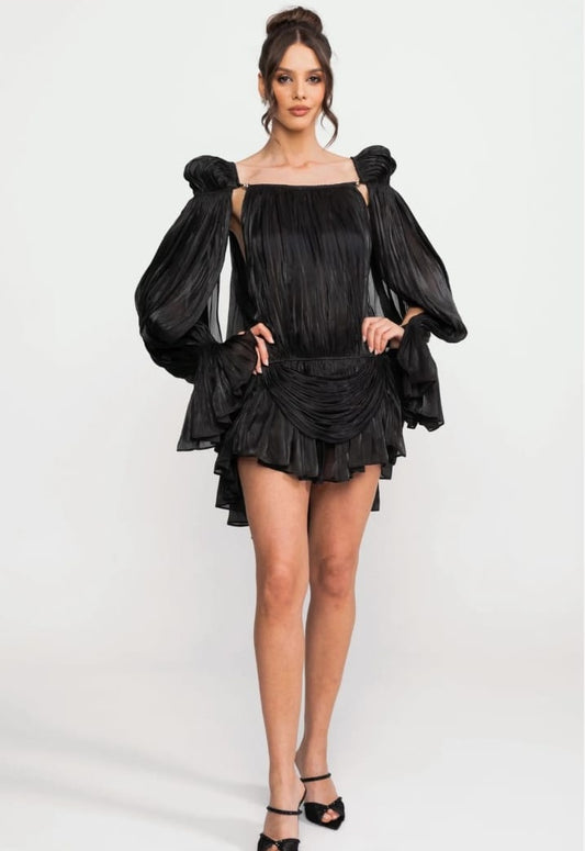 Sheer Draped Mini Dress With Cape Sleeves And Gold Clip Detail - Black
