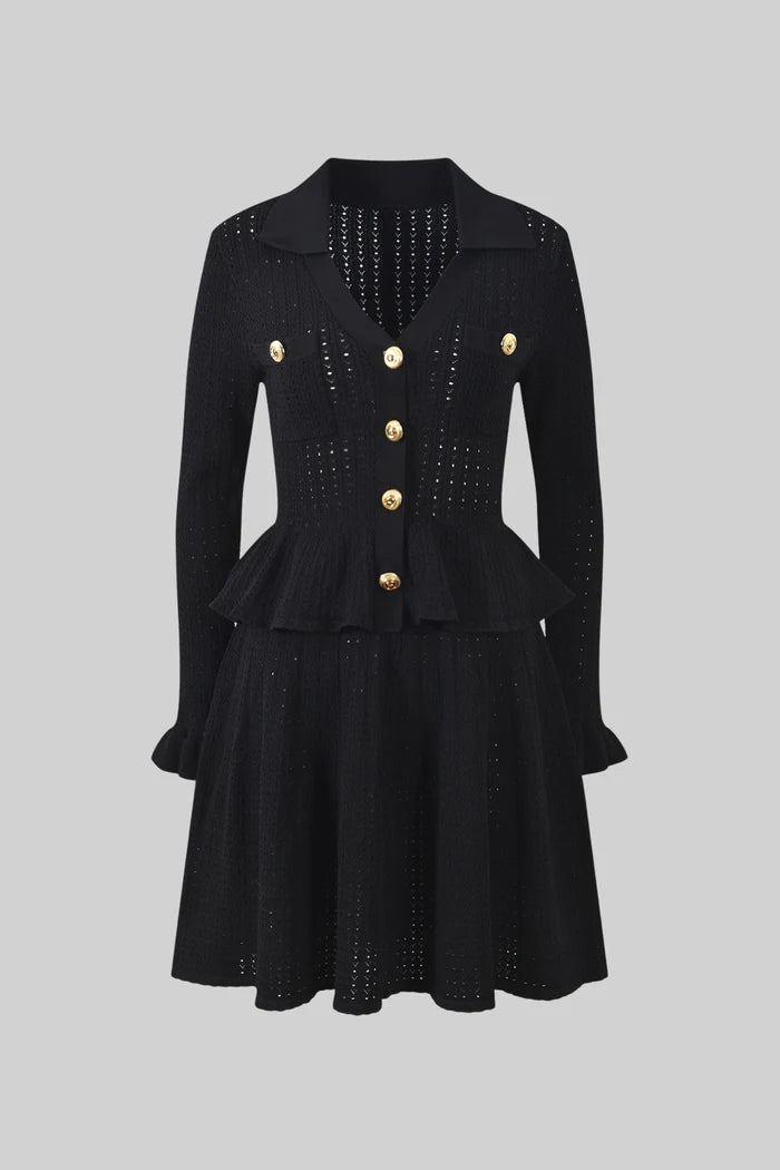 Knit Mini Dress with Peplum Waist and Gold Button Detail - Black