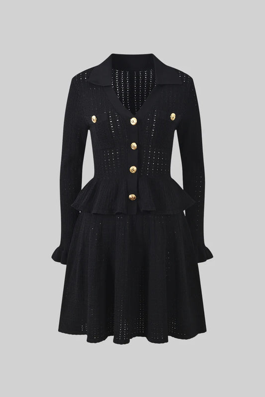 Knit Mini Dress with Peplum Waist and Gold Button Detail - Black