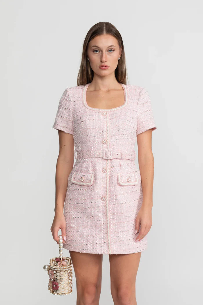 Short Sleeve Tweed Mini Dress With Matching Belt – Blush Pink