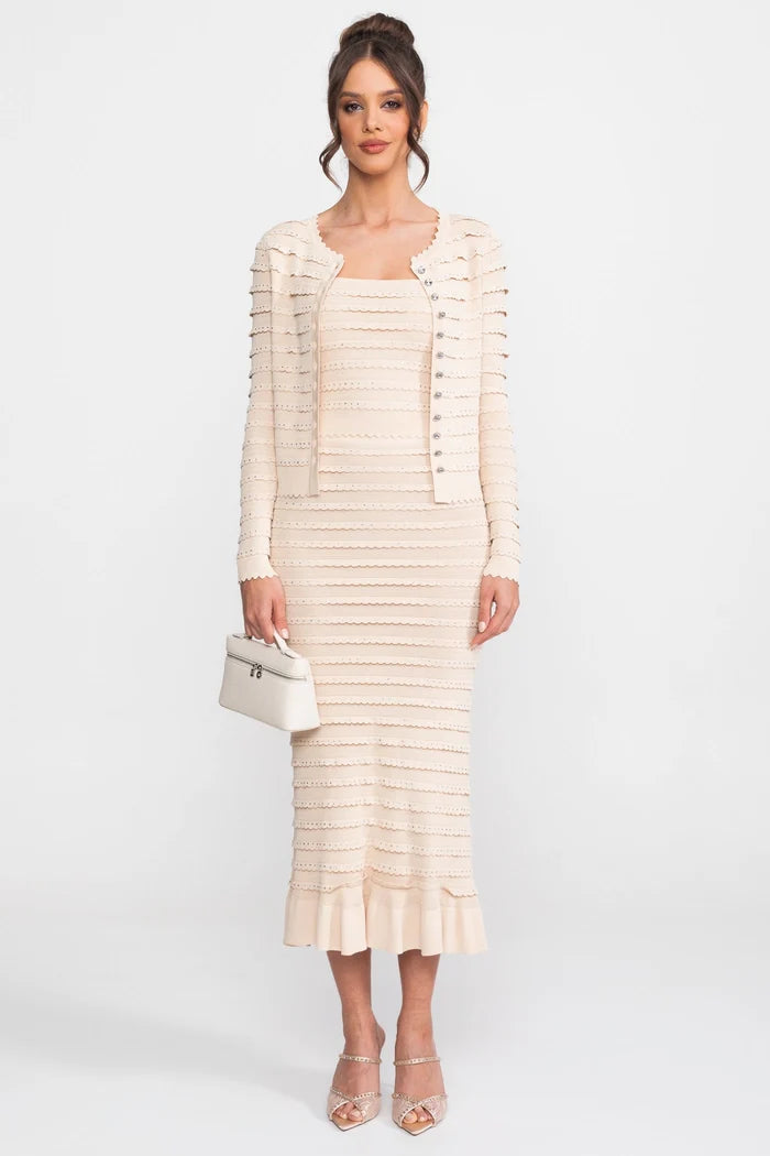 Textured Knit 3 Piece Set With Blazer, Top and Midi Skirt - Beige