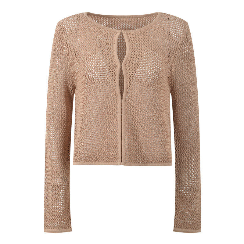 Hollow Out Round Neck Slim Fit Knitted Cardigan + Slip Dress Set