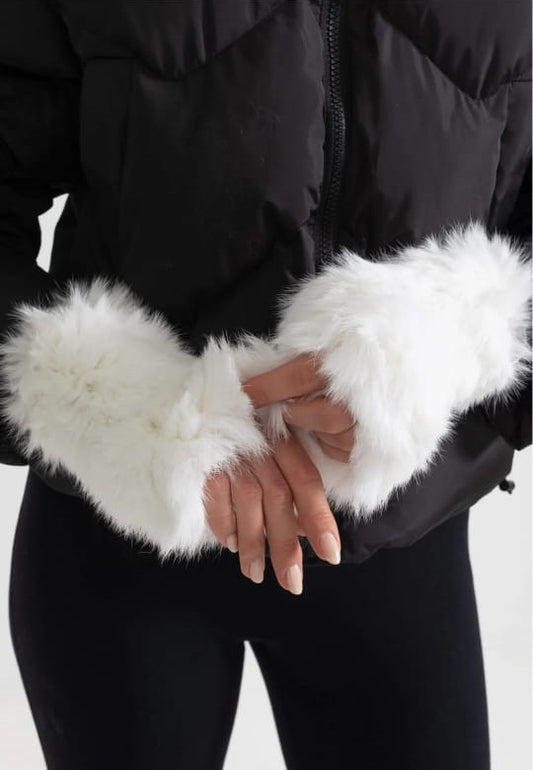 Rabbit Fur Fingerless Gloves - White