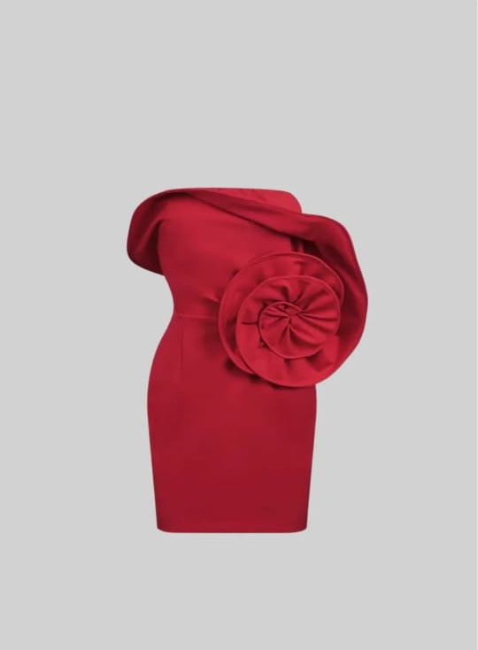 Asymmetrical off shoulder mini dress -red