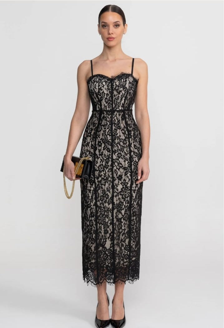 Lace Midi Dress With Sheer Corset Bodice - Black