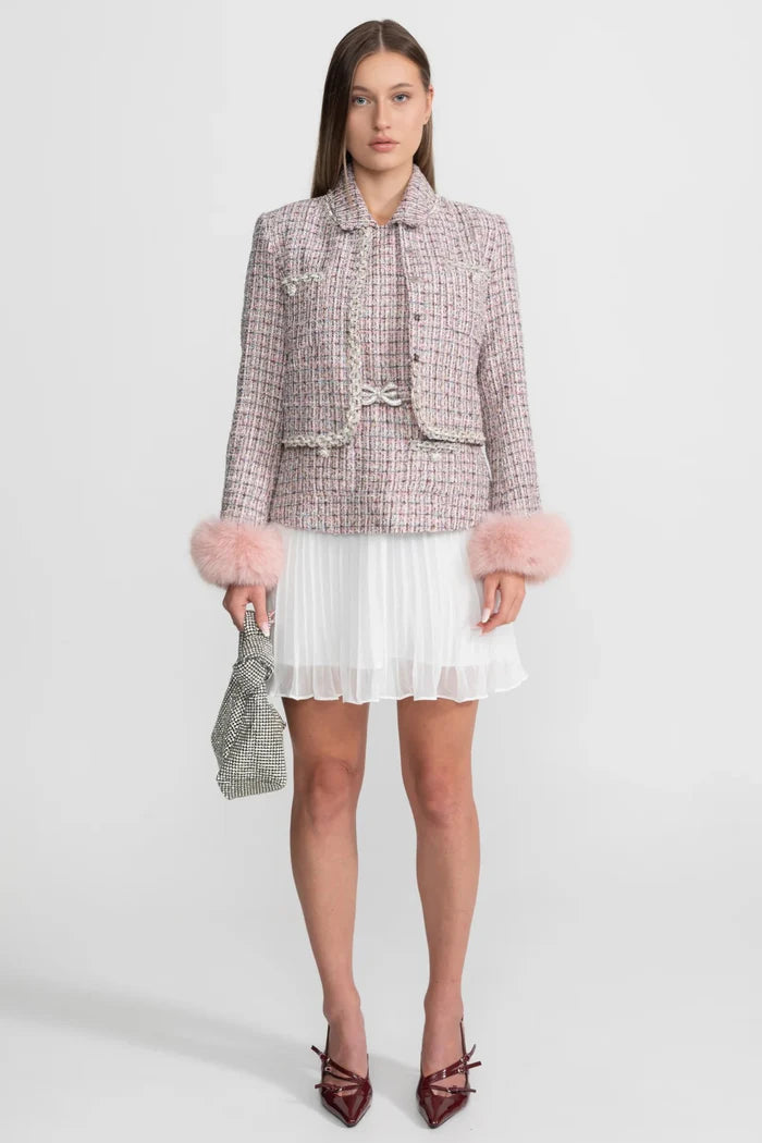 Tweed Cropped Jacket with Faux Fur Cuffs - Pink