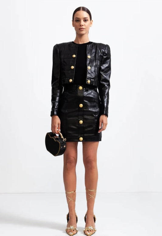 Vegan Leather Co-ord with Golden Buttons - Black