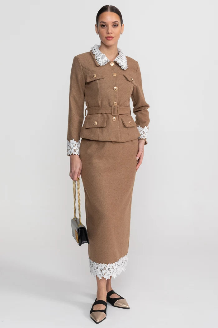 Tailored Co-Ord Set With Lace Trim Detailing - Camel