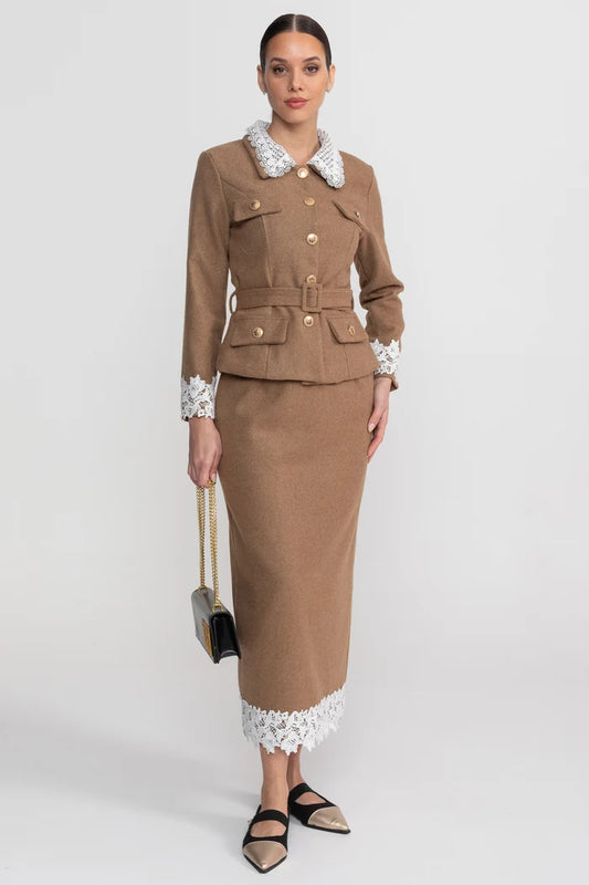 Tailored Co-Ord Set With Lace Trim Detailing - Camel
