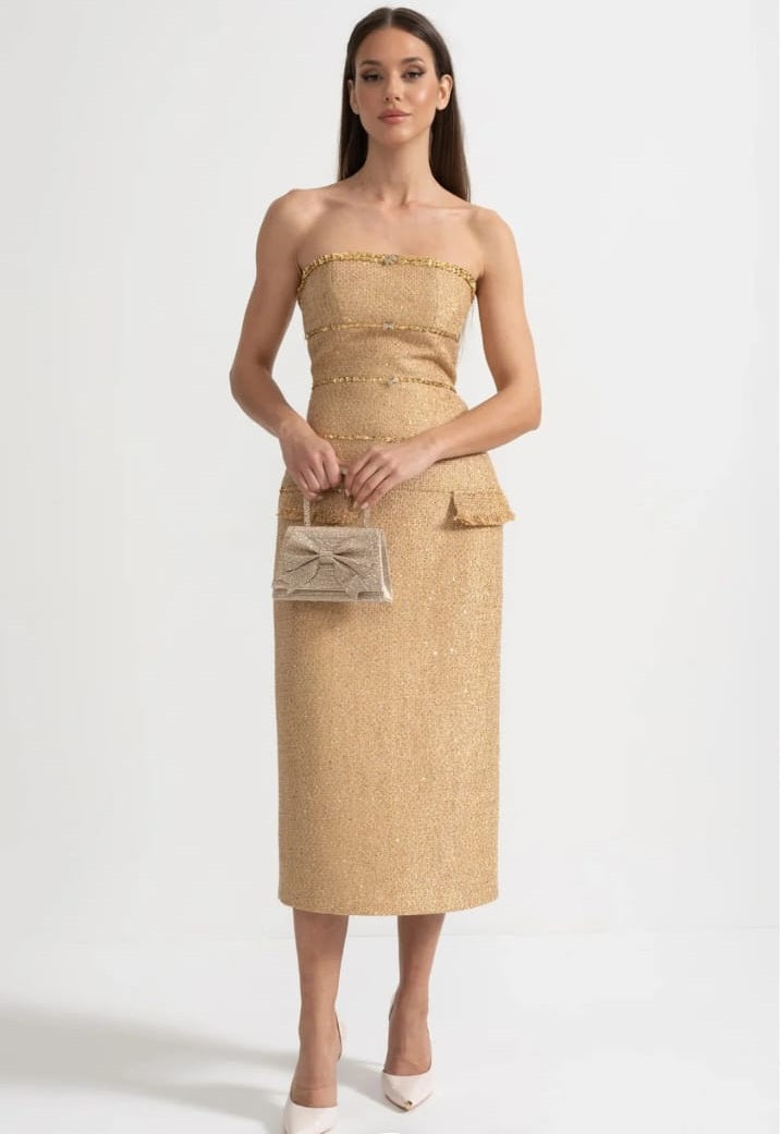 Strapless Textured Dress With Sequin Decorative Trim And Sparkling Ribbon Appliques - Gold