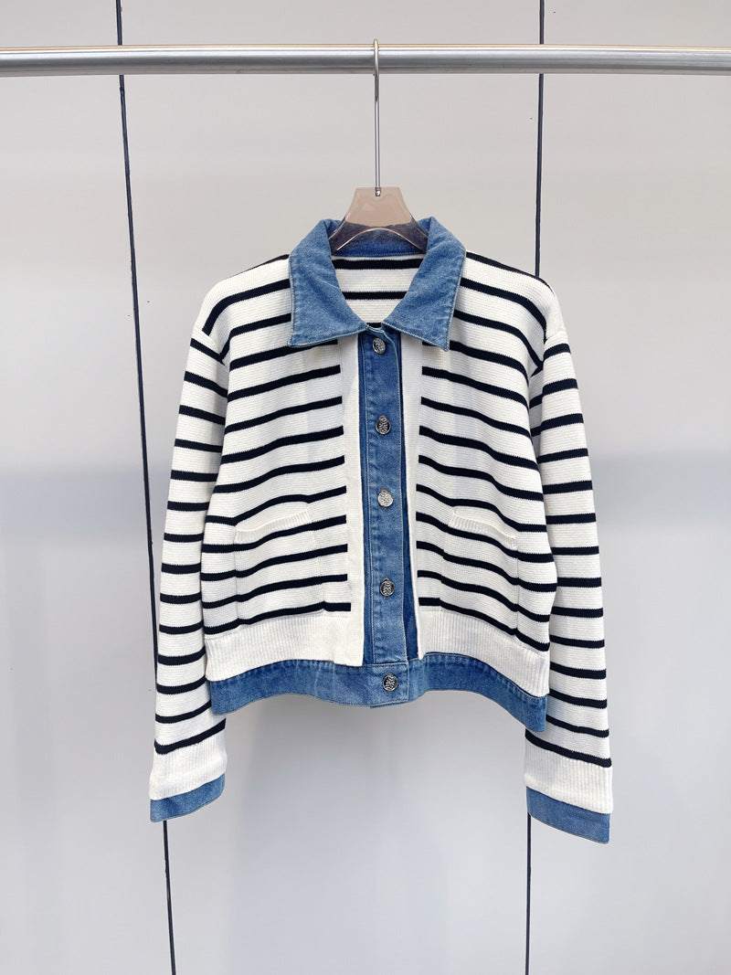 Denim Shirt Collar Striped Knit Short Jacket
