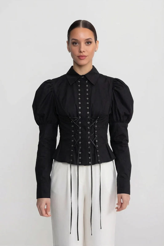 Long Sleeve Shirt With Corset Lace-Up Detail - Black