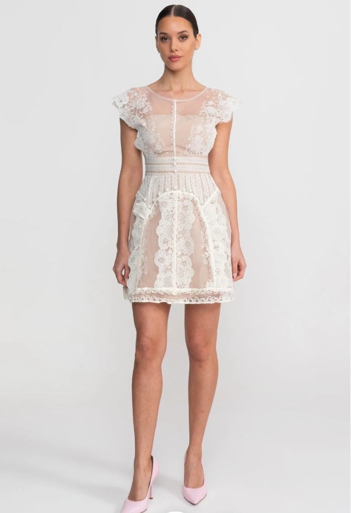 Cap Sleeve Mini Dress With Sheer Yoke And Pearl Button Detail - Ivoire