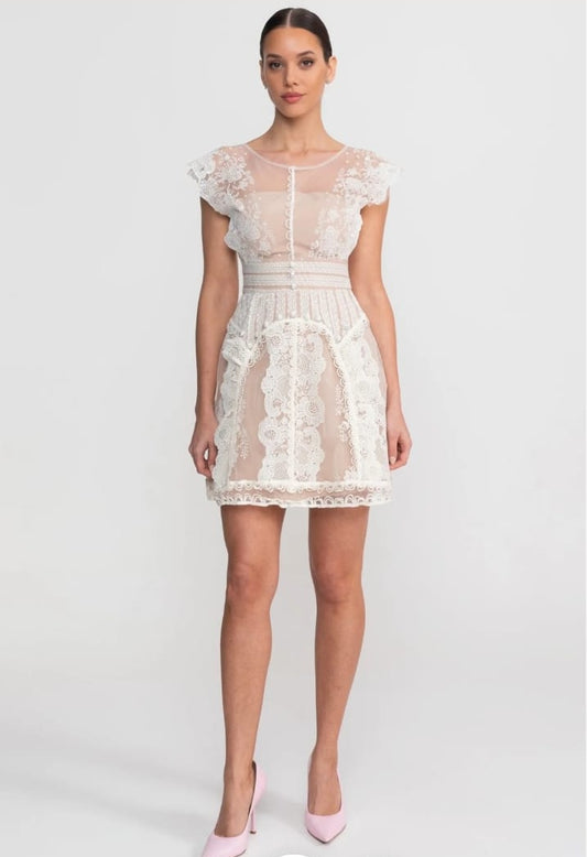 Cap Sleeve Mini Dress With Sheer Yoke And Pearl Button Detail - Ivoire