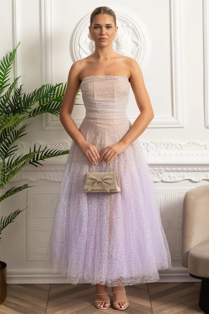 Strapless A-Line Midi Dress With Shimmery Textured Overlay - Lilac Gradient
