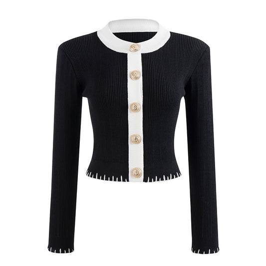 Round neck contrast hem lace slim knit cardigan jacket top