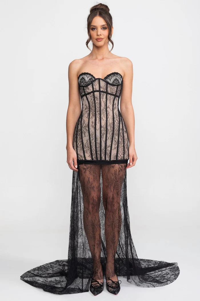 Strapless Maxi Dress With Dramatic Ruffle Overskirt - Black