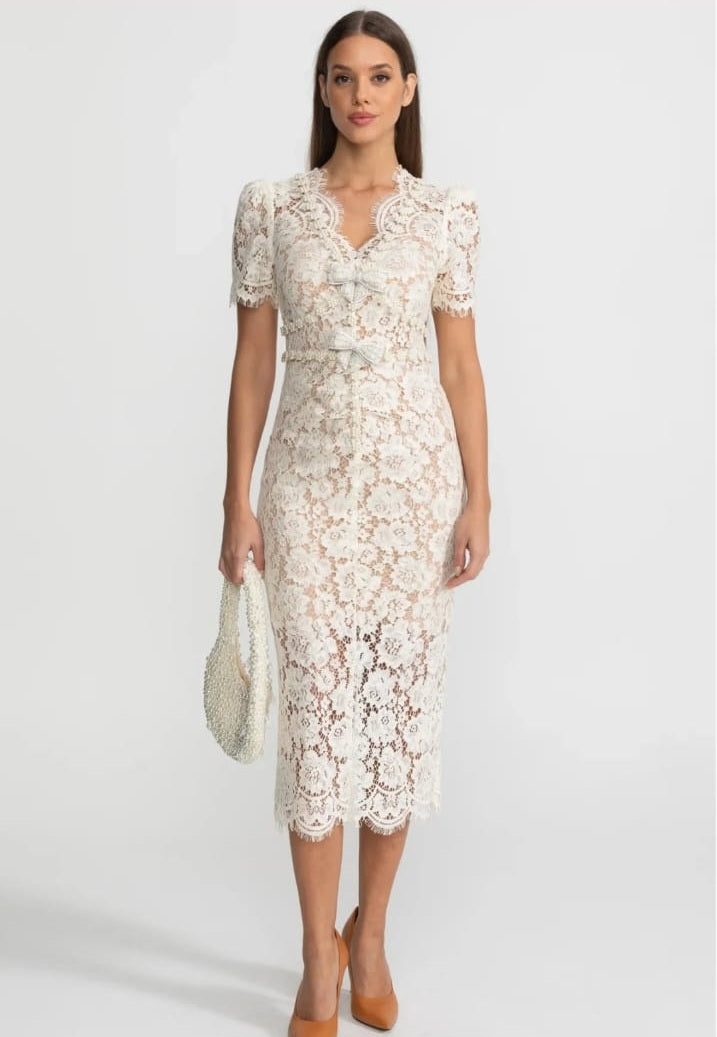 Embellished Lace Midi Dress With Bow Detailing – Ivoire