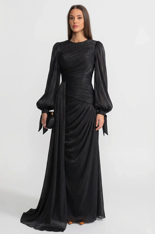 Draped Long-Sleeve Maxi Dress with Gathered Waist – Black