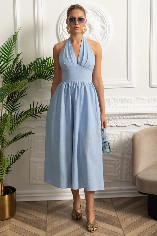 Halterneck Midi Dress With A-line Gathered Skirt - Blue
