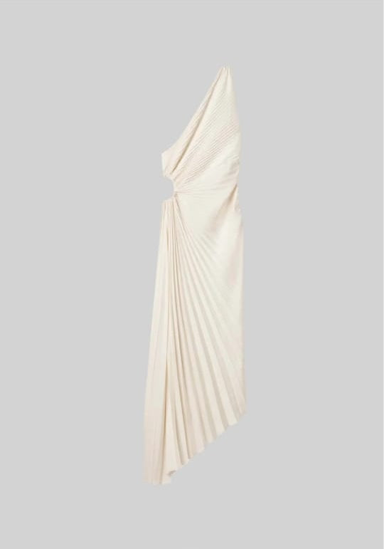Elegant One Shoulder Dress With Ruched Texture And Circular Side Cut-Out - Ivoire