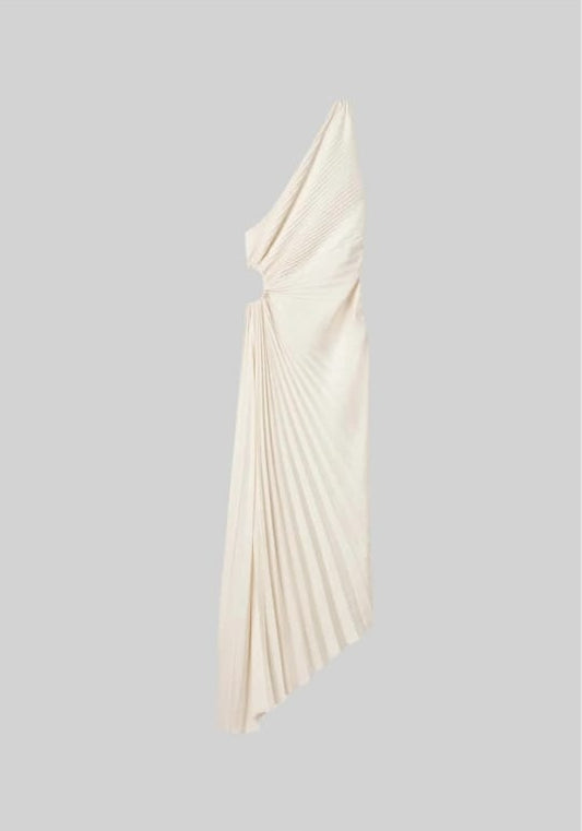 Elegant One Shoulder Dress With Ruched Texture And Circular Side Cut-Out - Ivoire