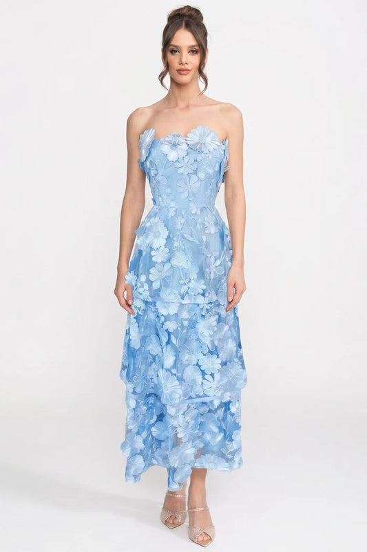 Layered Sheer Dress With Fitted Waist And Floral Appliques - Light Blue