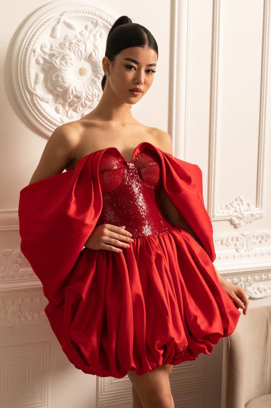 Off-Shoulder Dress With Voluminous Skirt And Flowing Sleeves - Red