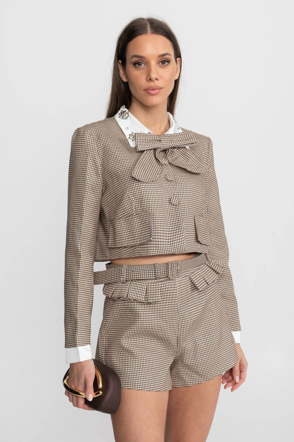 Checked Tailored Co-Ord Set with Statement Bow Detail – Beige