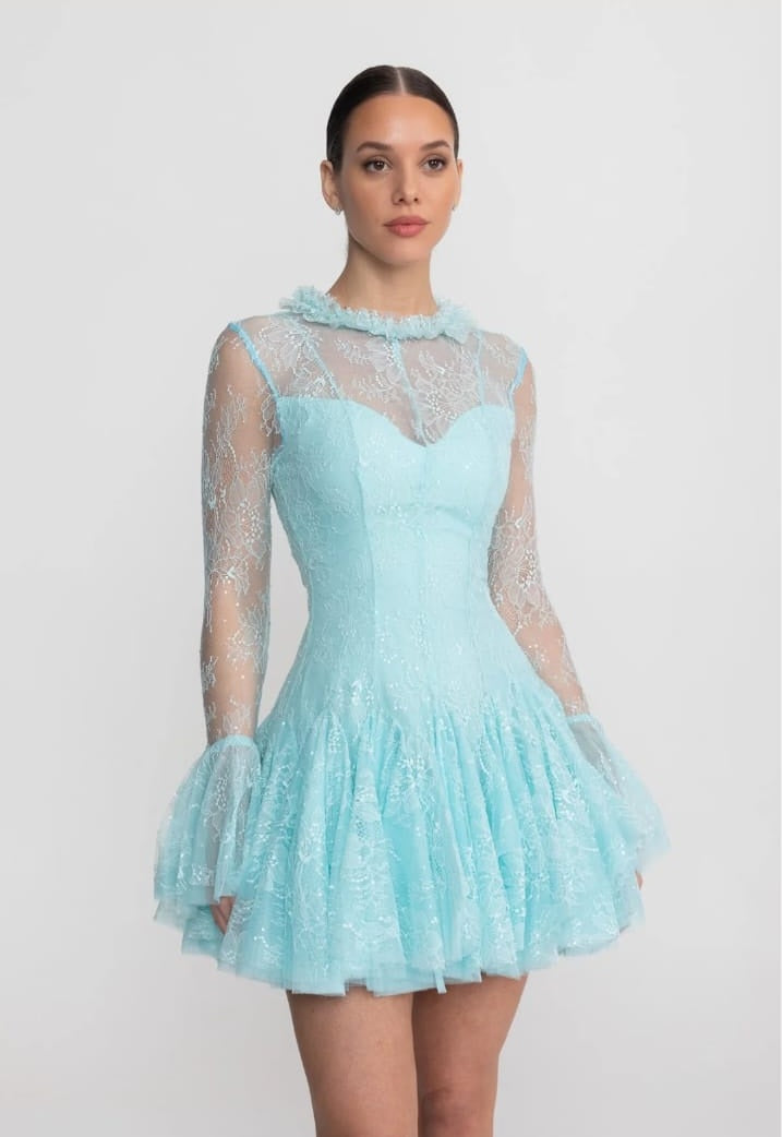 Sheer Lace Long Sleeve Mini Dress With Ruffled Hem - Teal