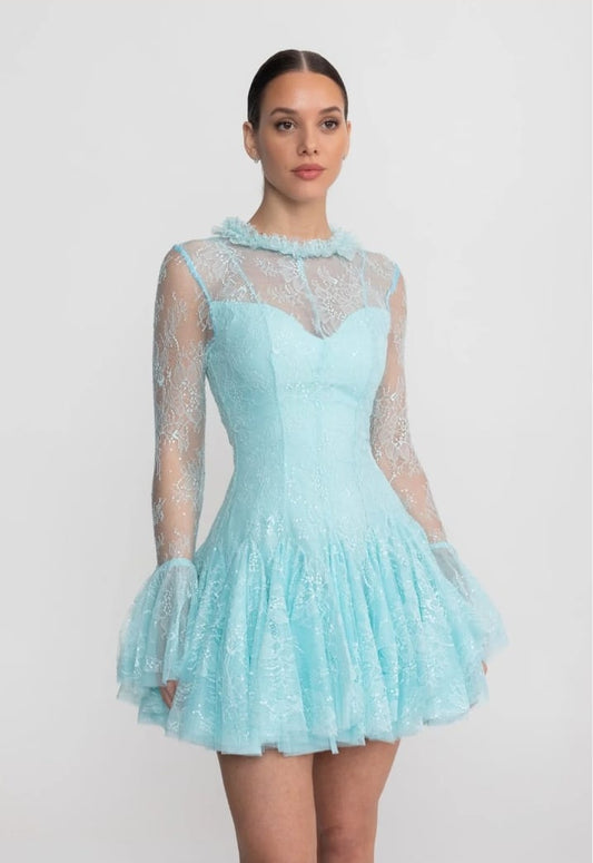 Sheer Lace Long Sleeve Mini Dress With Ruffled Hem - Teal