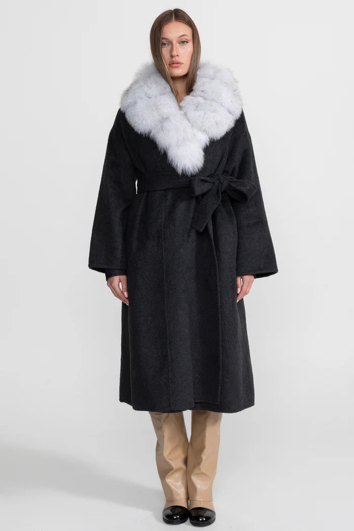 Wool Wrap Coat with Fox Fur Collar And Tie Belt – Black/Gray