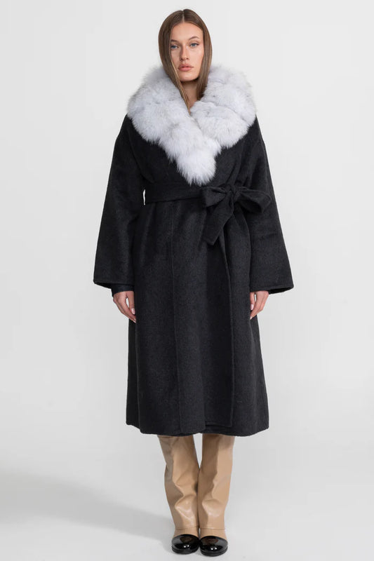 Wool Wrap Coat with Fox Fur Collar And Tie Belt – Black/Gray