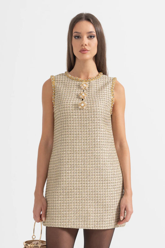 Patterned Mini Dress With Golden Accents - Gold