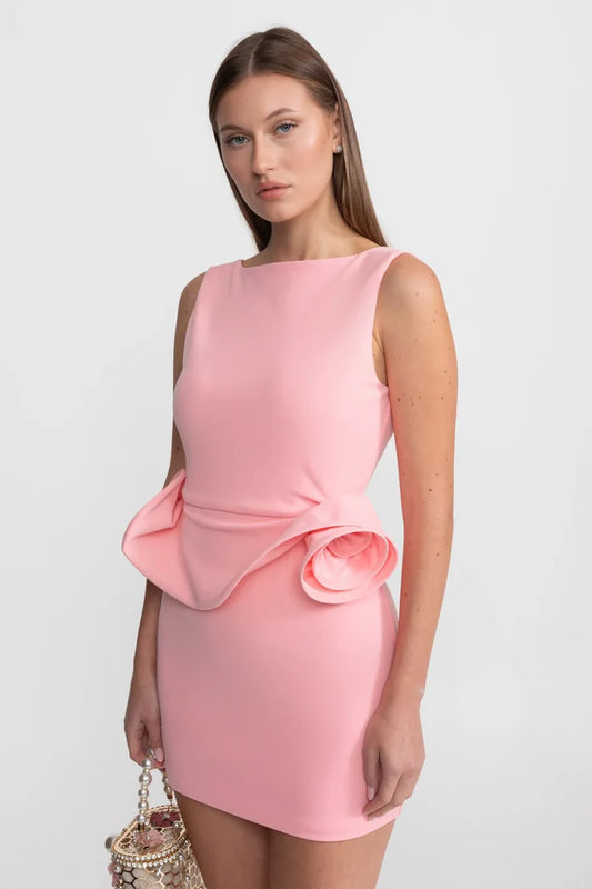 Mini Dress with Sculptural Peplum Detail - Pink