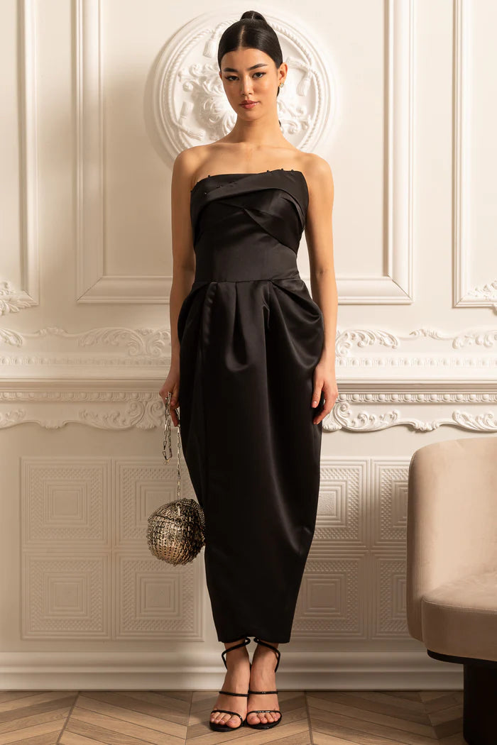 Strapless Midi Dress With Ruched Chest Detailing - Black
