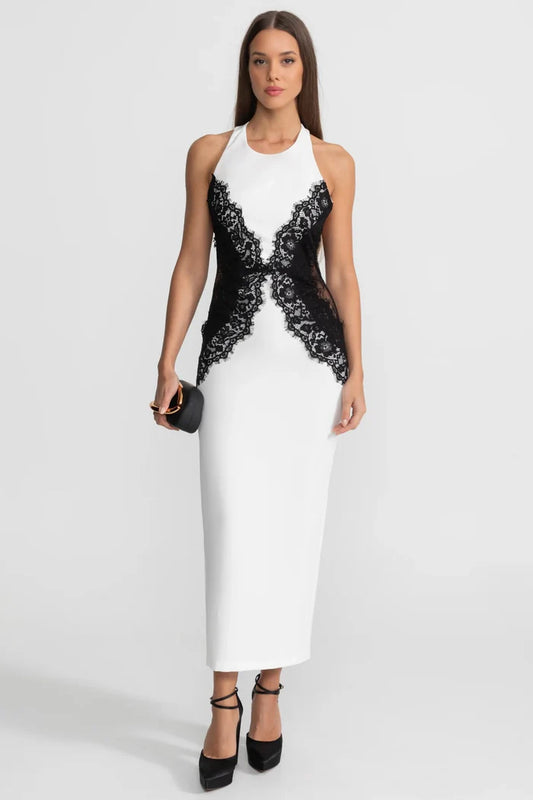 Halter Maxi Dress with Contrast Lace Panels – White
