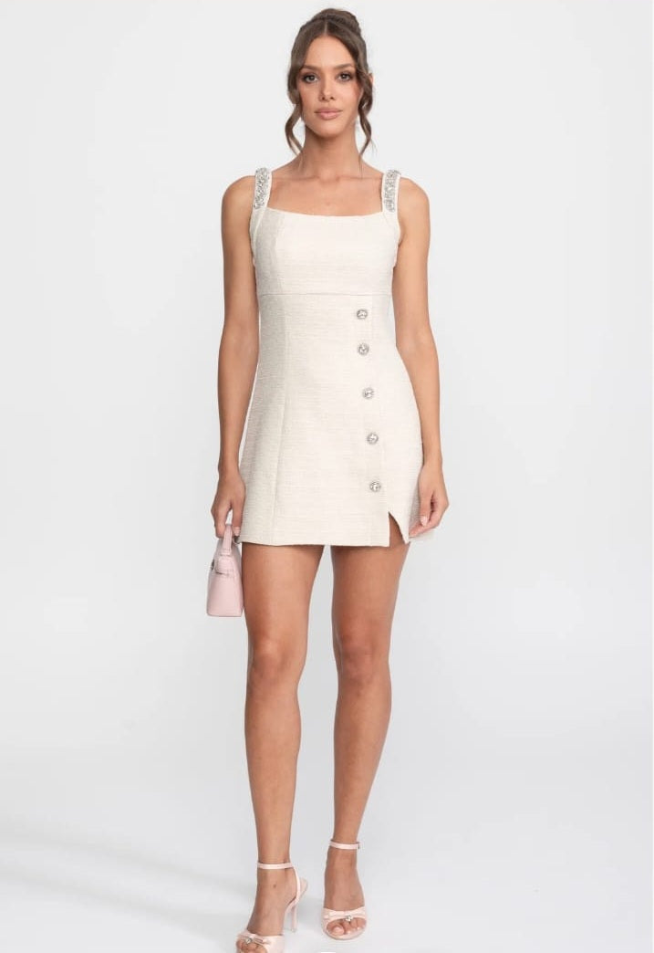 Crystal Strap Slit Mini Dress With Sparkling Button Details - Ivoire