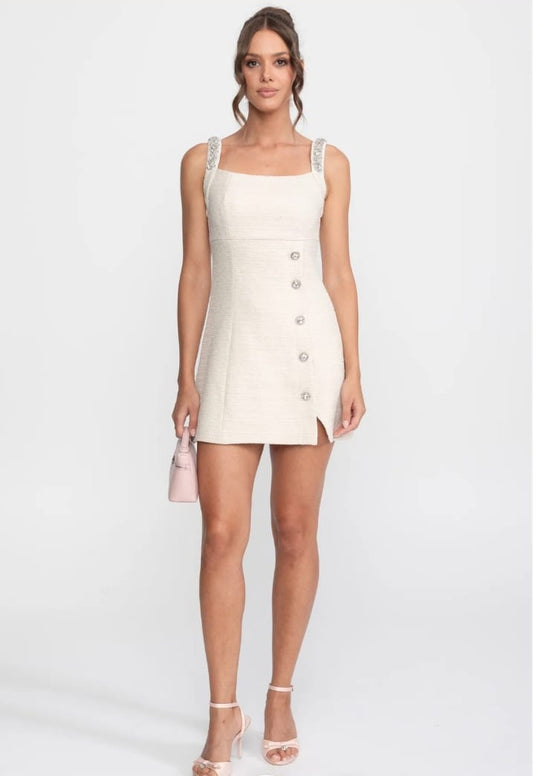 Crystal Strap Slit Mini Dress With Sparkling Button Details - Ivoire
