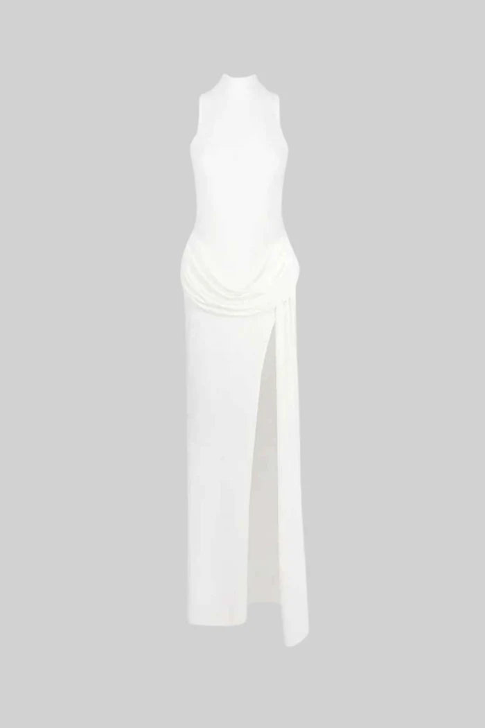 Sleeveless Maxi Dress with Draped Waist and Side Slit - White