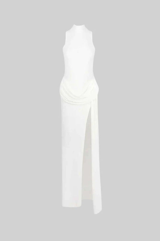 Sleeveless Maxi Dress with Draped Waist and Side Slit - White