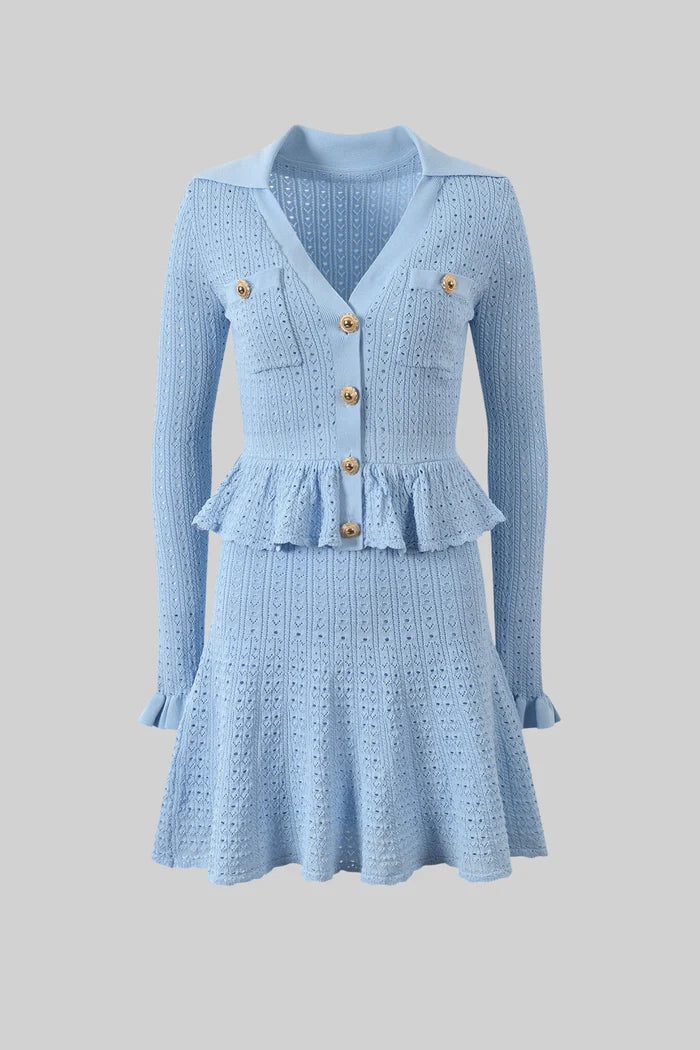 Knit Mini Dress with Peplum Waist and Gold Button Detail - Light Blue