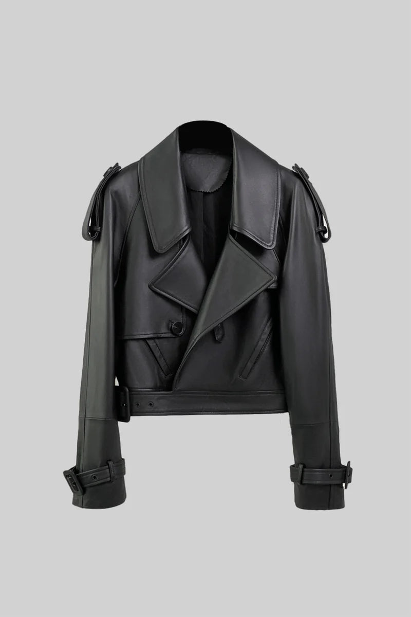 Double Breasted Vegan Leather Jacket - Black