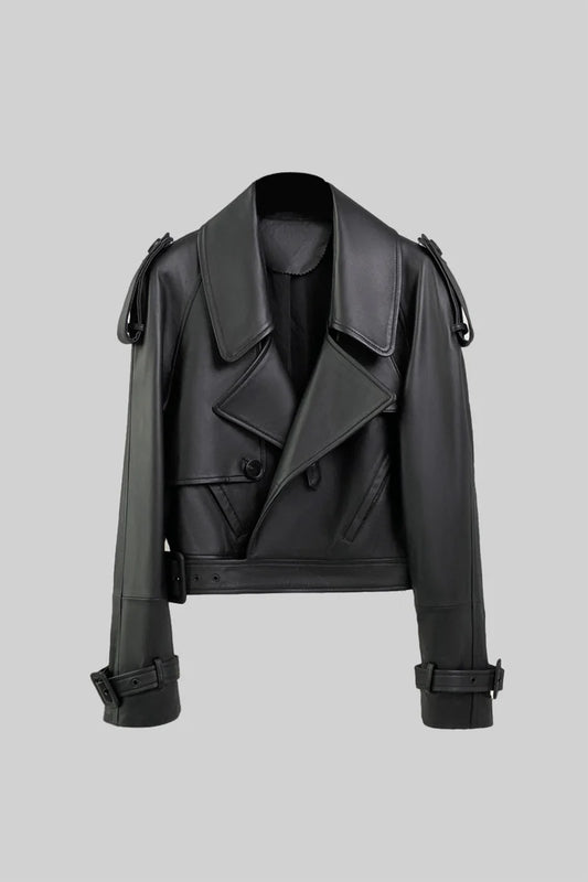 Double Breasted Vegan Leather Jacket - Black